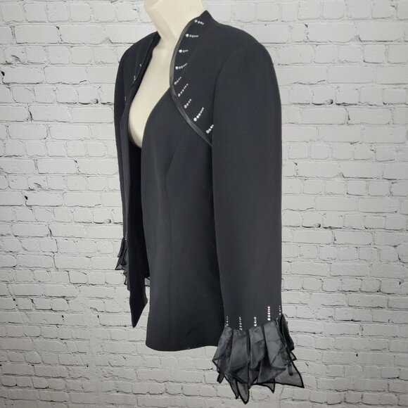 Serafina Black Open Rhinestone Ruffle Cuff Shoulder Pads Lined Jacket Size 14 - Picture 11 of 12